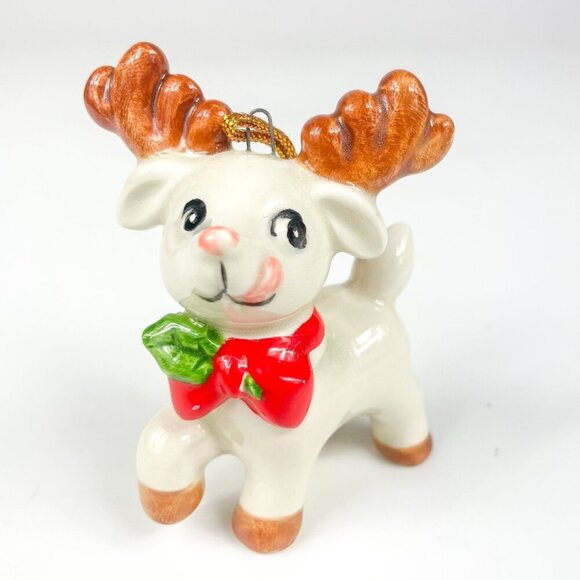 Vintage 1983 Ebeling & Reuss Ceramic Reindeer Christmas Ornament With Red Bow - Picture 1 of 6